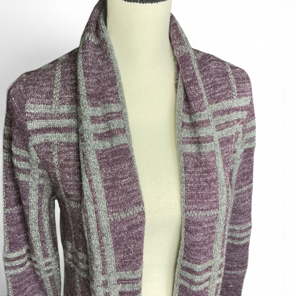 Simply Styled Purple Plaid Cardigan Women Small Metallic Open Front Knit Sweater - Picture 2 of 16